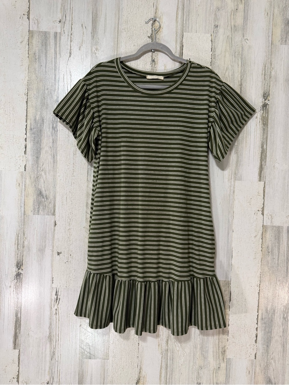 entro Olive & White Striped Ruffle-Hem Midi Dress